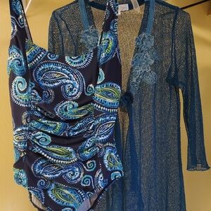 Speedo Blue and Green Swimsuit Plus Cover Up Med